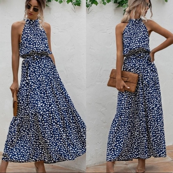 Boho floral print belted halter maxi dress - Picture 1 of 4